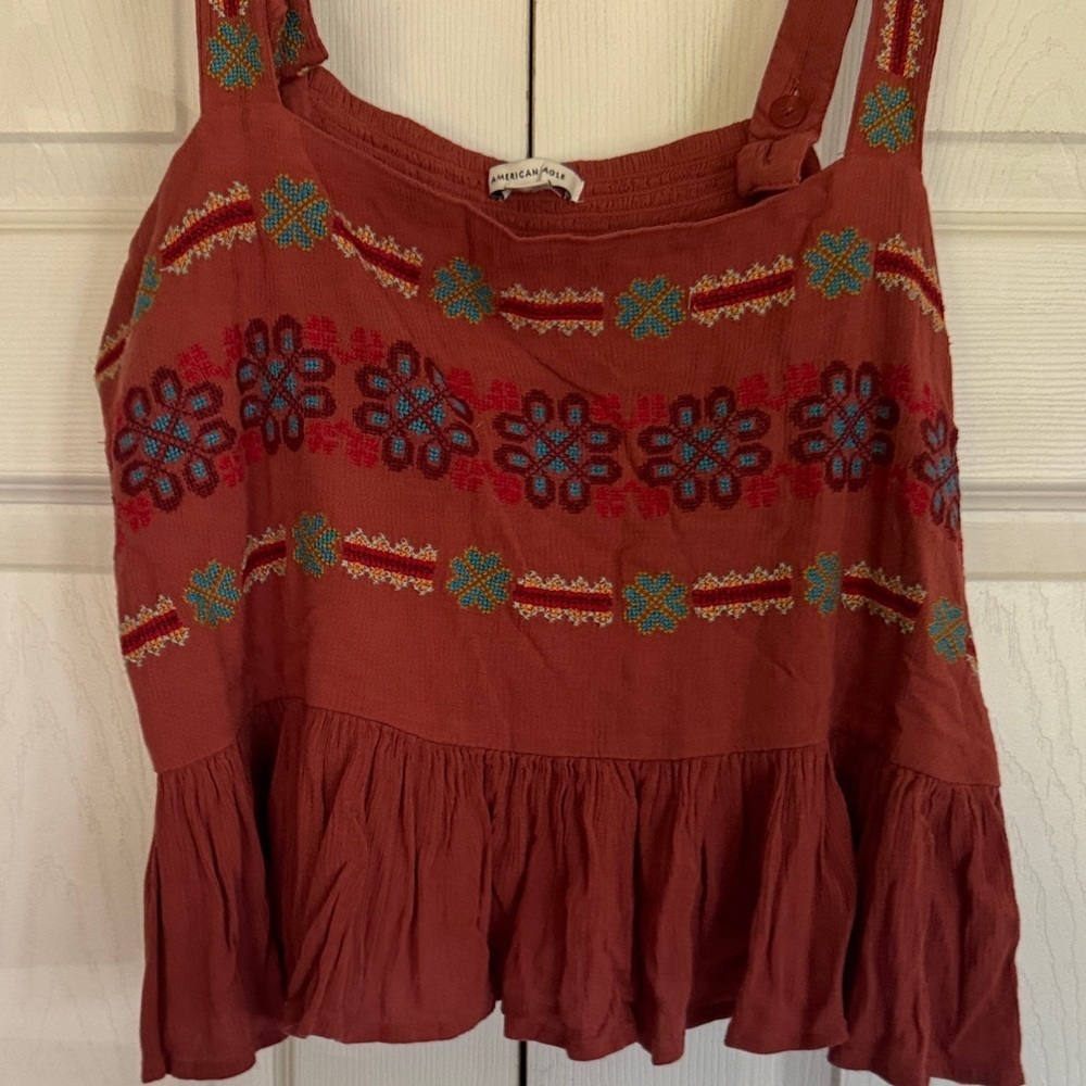 American Age Terracotta Aztec smocked Embroidered Tank Top - Picture 3 of 5